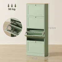 HOMCOM Dulap pentru încălțăminte 24 perechi, dulap cu 4 sertare rabatabile, polițe reglabile, 60x23,5x153cm, verde(m-3)