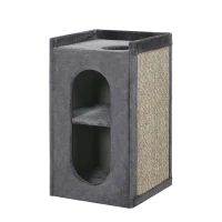 PawHut Kratztonne mit 2 Katzenhöhlen, 1 Liegefläche, Sisal-Kratzmatte, Plüsch, Grau + Natur(m-1)