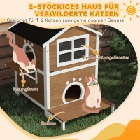 PawHut Buitenkattenhuis met Weerbestendig Dak, Venster, Balkon, 2 Niveaus, Verwijderbare Bodem, voor 1-2 Katten, Bruin(m-5)