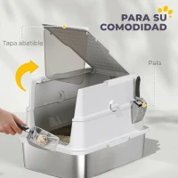 PawHut Arenero para Gatos de Acero Inoxidable XL Cerrado con Tapa Abatible Borde Alto Pala Metálica Antifugas Gris Claro(m-8)