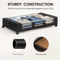 HOMCOM 40L Under Bed Storage On Wheels Pack of 2, Fabric Rolling Under Bed Drawers with Clear Lid, Zip, Steel Frame, Black(m-7)