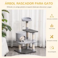PawHut Torre para Gatos con Plataformas Casetas Ratón de Juego Postes para Rascar y Cubierto de Felpa 48x48x100 cm Gris(m-4)