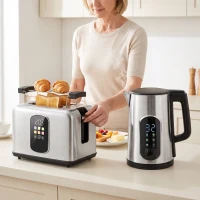 HOMCOM Kettle and Toaster Set with LED Touch Screen, Kettle with Strix Thermostat, 2 Slice Toaster w/ 6 Browning Levels, Silver(m-8)