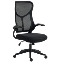 HOMCOM Scaun de birou ergonomic rotativ cu brațe rabatabile, funcție de balans, înălțime reglabilă, din plasă, negru(m-12)