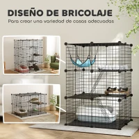PawHut Jaula para Gatos Interior de 3 Niveles Recinto de Acero para Gatos con 3 Puertas 2 Escaleras Hamaca 70x70x105 cm Negro(m-4)