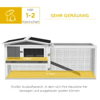 PawHut Kaninchenstall aus Tannenholz, Kleintierhaus mit Asphaltdach, Kleintiergehege, 156 x 58 x 68 cm, Hellgrau(m-5)