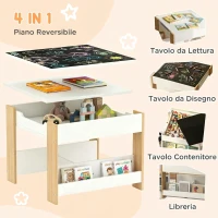 HOMCOM 3 in 1 Set Tavolo Bambini con 2 Sedie, Lavagna Rimovibile, Libreria, Scatole in Tessuto, 3-8 Anni, Naturale(m-4)