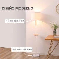 HOMCOM Lámpara de Pie con Estante de Madera Pantalla de Tela Casquillo E27 Máx. de 40W y Interruptor de Pie Moderno para Salón Dormitorio Estudio Ø35x155 cm Blanco(m-7)