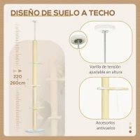 PawHut Árbol para Gatos de Suelo a Techo con Altura Ajustable  Poste de Sisal y Bola para Jugar 47x34x220-260 cm Crema(m-5)
