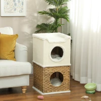 PawHut Kratztonne 75,5 cm Hoch dreistöckige mit Plüschrand, Kissen, Katzenhöhle, für mittelgroße Katzen, Cremeweiß(m-10)