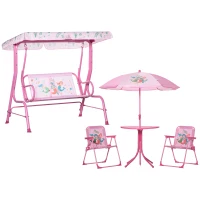 Outsunny 4-teiliges Gartenmöbel-Set für Kinder, mit Hai-Motiv, 1 Hollywoodschaukel, 2 Stühle, 1 Sonnenschirm mit Tisch, Rosa(m-12)