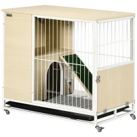PawHut Conejera de Madera con Ruedas de Interior con Techo Abrible Bandeja Extraíble Bebedero y Rampa 78x52,5x76,5 cm Roble(m-1)