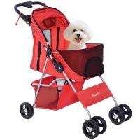 PawHut Carrito para Perros con Toldo Ajustable Cesta de Almacenaje y Ruedas con Freno Tela Oxford 77x45x99,5 cm Rojo(m-1)