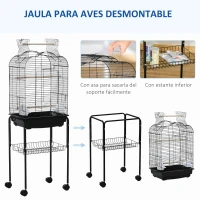 PawHut Jaula para Pájaros con Soporte Jaula de Aves Canarios con 4 Ruedas Techo Abrible 2 Comederos 3 Perchas Bandeja Extraíble y Estante Inferior 46x36x130 cm Negro(m-5)