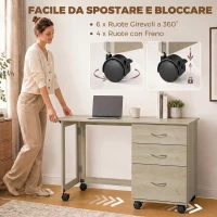 HOMCOM Scrivania da Ufficio Pieghevole con 3 Cassetti e 4 Ruote con Freno, Rovere(m-6)