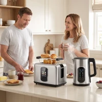 HOMCOM Kettle and Toaster Set with LED Touch Screen, Kettle with Strix Thermostat, 2 Slice Toaster w/ 6 Browning Levels, Silver(m-9)