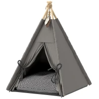 PawHut Tipi-tent voor huisdieren, dierenbed in tipi-design, kattentent met kussen, hondenbed om in te slapen, kattenbed, Grijs(m-10)