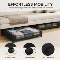 HOMCOM 40L Under Bed Storage On Wheels Pack of 2, Fabric Rolling Under Bed Drawers with Clear Lid, Zip, Steel Frame, Black(m-6)