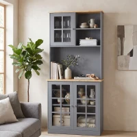 HOMCOM Kitchen Pantry, Buffet Hutch with 3 Storage Cabinets, 2 Open Shelves and Large Countertop for Kitchen, Grey(m-8)