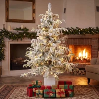 HOMCOM 4ft Prelit Flocked Christmas Tree, Artificial Snow Flocked Spruce with 160 Warm White LED Lights, 8 Modes, Green(m-9)