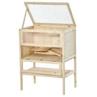 PawHut Jaula de Madera para Hámster Ratones Casa de Juegos con 5 Plataformas Rampa Techo Abatible Ventana Cristal Plástico y Estante Inferior 60x40x80 cm Natural(m-8)