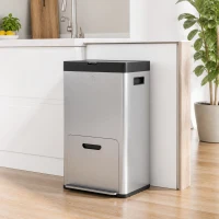 HOMCOM 56L Triple Compartment Stainless Steel Kitchen Bin, with Deodoriser Holders and Wheels - Silver Tone(m-8)