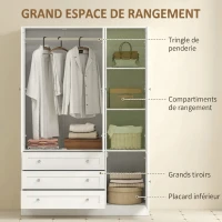HOMCOM Armoire Chambre Penderie avec 4 Portes, 3 Tiroirs, Barre de Suspension et Étagère Réglable, 120 x 50 x 176,5 cm, Blanc(m-4)