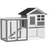 PawHut Hasenstall 2 Etagen Kaninchenstall aus Holz 123,5x62,6x92,5 cm Kaninchenkäfig mit Bitumendach Freilaufgehege Rampe Türen Herausnehmbare Bodenwanne Hasenkäfig für Kaninchen Outdoor Grau+Weiß(m-12)