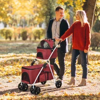PawHut Cochecito para Mascotas Plegable con Solo un Clic Carrito para Perros Desmontable con 2 Niveles Ruedas Giratorias Frenos Ventana y Bolsillos 82x48x92 cm Rojo(m-2)