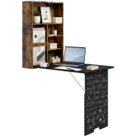 HOMCOM Folding Wall-Mounted Drop-Leaf Table, Convertible Wall Table With Chalkboard and Storage Shelf, Rustic Brown(m-15)