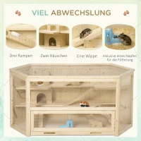 PawHut Kleintierkäfig, Nagerkäfig, Nagerheim mit  1 Rampe, 1 Wippe, herausnehmbare Bodenwanne, Tannenholz, Natur(m-6)