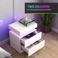HOMCOM White Bedside Table with LED Light, High Gloss Front Nightstand with 2 Drawers, for Living Room, Bedroom, Set of 2(m-6)