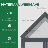Outsunny kas met 3 planken, massief hout, behuizing van polycarbonaat, grijs, 70,5 x 42 x 132 cm(m-4)