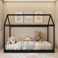 HOMCOM Single Bed Frame, House-Scandinavian-Style Wooden Bed Frame for 90W x 190D cm Mattress, Black(m-7)