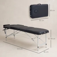 HOMCOM Pat de Masaj Pliabil cu Înălțime Reglabilă, din Aluminiu și Plastic, 215x81x61-84 cm, Negru(m-3)