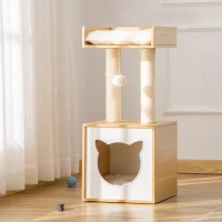 PawHut Katzenhöhle Katzenbett mit waschbarem Kissen, Plattform, Kratzsäule, Spielball, Katzenhaus für Katzen für Indoor 35 x 35 x 81 cm Eiche(m-10)