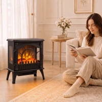 HOMCOM 3-Sided Glass Electric Fire Fan Heater, Electric Fireplace Stove Freestanding Log Burner with Flame Effect, Black(m-14)