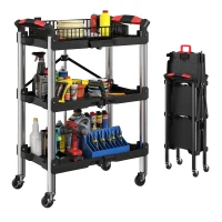 HOMCOM Gereedschapstrolley, Opvouwbare 3-Laagse Gereedschapswagen, Kunststof, Staal, Zwart(m-11)