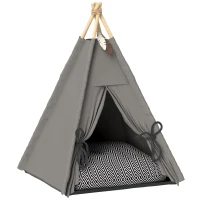 PawHut Tipi-Zelt für Haustiere, Tierbett im Tipi-Design, Katzenzelt mit Kissen, Hundebett zum Schlafen, Katzenbett, Grau(m-1)