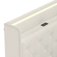 HOMCOM 3ft Single Bed Frame with Headboard, Platform Bed Frame with Hydraulic Storage, LED Lights and Charging Station, White(m-10)