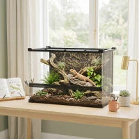 PawHut Terrarium für Reptilien Glasterrarium 48L mit Frontbelüftung Steinrückwand Drehverschluss 50 x 30 x 35 cm Schwarz(m-2)