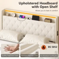 HOMCOM 5ft King Bed Frame with Headboard, Platform Bed Frame with Hydraulic Storage, LED Lights and Charging Station, White(m-7)
