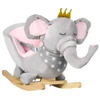 HOMCOM Kids Elephant-Designed Rocking Horse, with Safety Belt, Wooden Base, for Ages 18-36 Months - Grey(m-1)