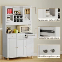 HOMCOM 180 cm keukenkast, 2 glazen deuren, 3 lades, 4 verstelbare planken, eetkamerkast, spaanplaat, Wit(m-8)