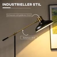 HOMCOM Stehlampe im Industriedesign, Stehlampe, Emaille, flexibles Gestell, Fußschalter, Schwarz + Gold(m-4)