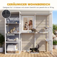 PawHut Buitenkattenren houten kattenhuis met 3 platformen, weerbestendig dak, rustgedeelte voor 3-4 katten tot 10 kg Grijs(m-4)