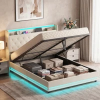HOMCOM 5ft King Bed Frame with Headboard, Platform Bed Frame with Hydraulic Storage, LED Lights and Charging Station, White(m-2)