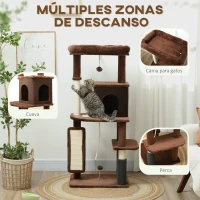 PawHut Árbol Rascador para Gatos 132 cm con Plataformas Poste con Cepillo Bolas Colgantes y Almohadilla para Rascar Marrón(m-4)