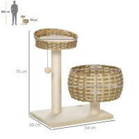 PawHut Árbol para Gatos Mediano con Cama Superior Cesta de Mimbre con Cojines Postes Rascadores de Sisal Natural y Bola Colgante de Juguete 54x40x70 cm Beige(m-3)