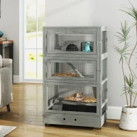 PawHut 4-laags houten hamsterkooi, met huisjes, wip, voederbakken, rampen, wielen, 65 x 45 x 109 cm, grijs(m-2)